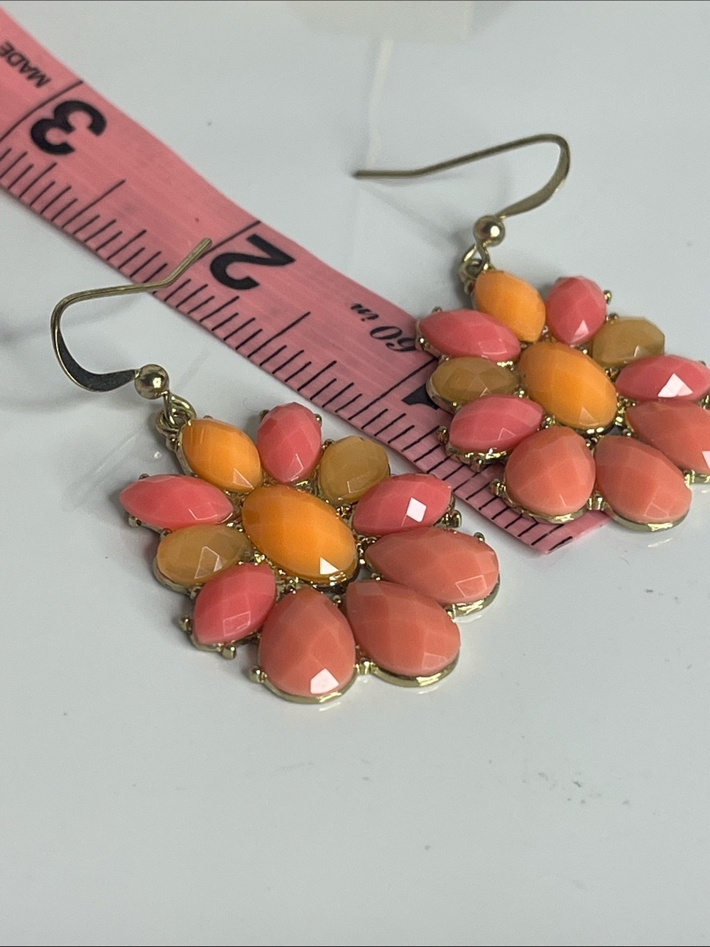 Gold-Tone Floral Drop Earrings in Pink & Orange - Picture 3 of 5